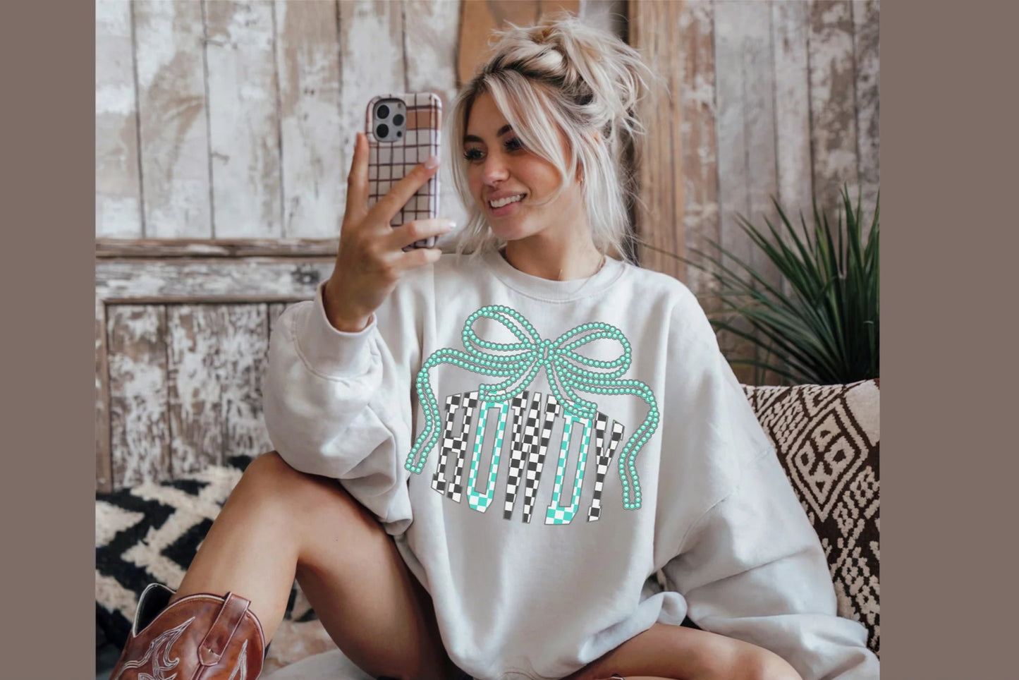 Howdy checkered bow teal