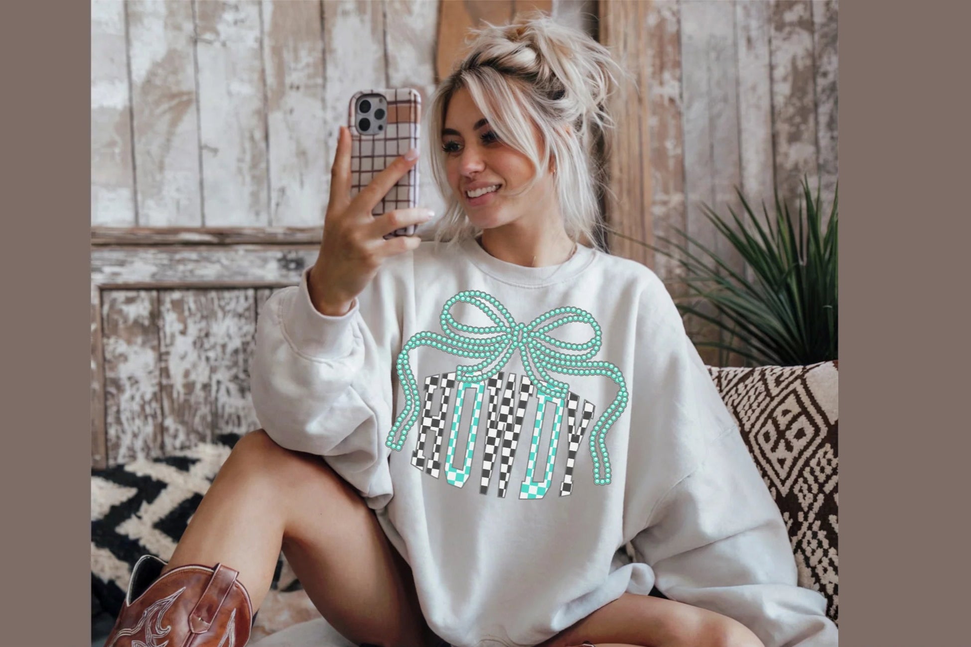 Howdy checkered bow teal